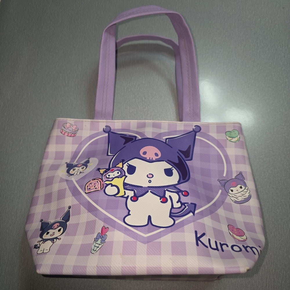 Kuromi Sanrio Mini Tote Bag Purple Gingham Zip Top Cute Kawaii - Picture 4 of 11